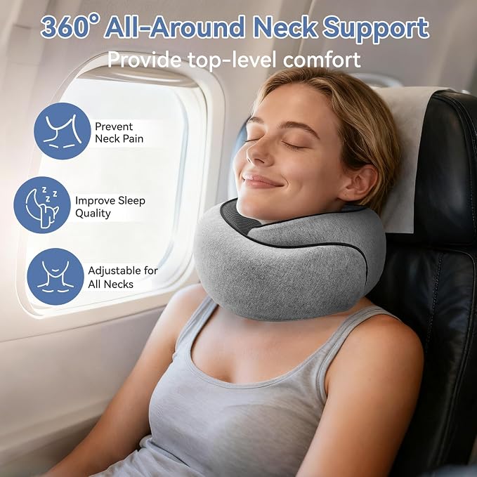 Neck Pillow Airplane, Travel Pillows for Airplanes, Memory Foam Adjustable Portable Neck Pillow for Traveling, Car Rides, and Home Use (Gray) - Image 2