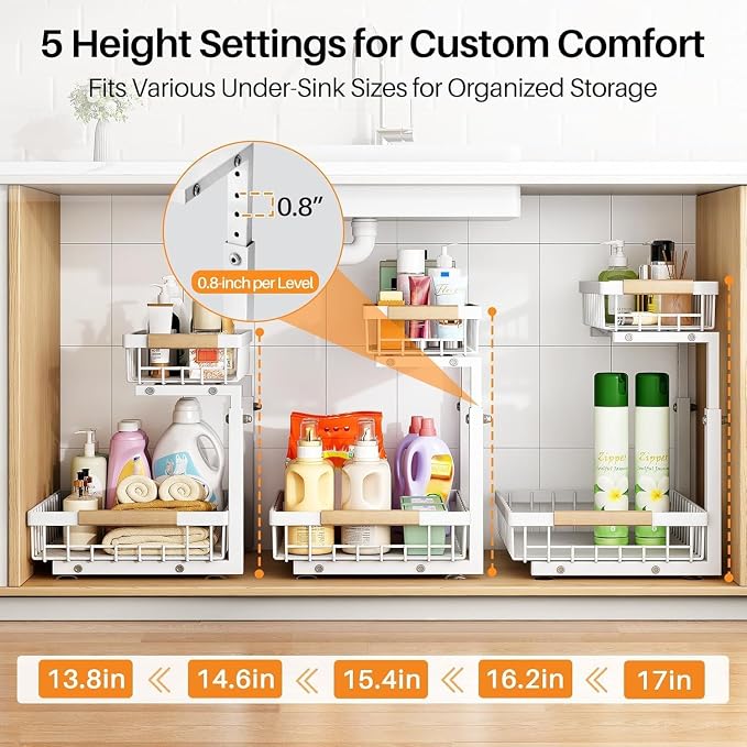 PXRACK Under Sink Organizer, Adjustable Height, 2 Tier Pull Out Under Cabinet Organizer, Slide Out Thickened Metal Under Sink Storage for Kitchen Bathroom Laundry Pantry Cabinet, White, Small-1-Pack - Image 5