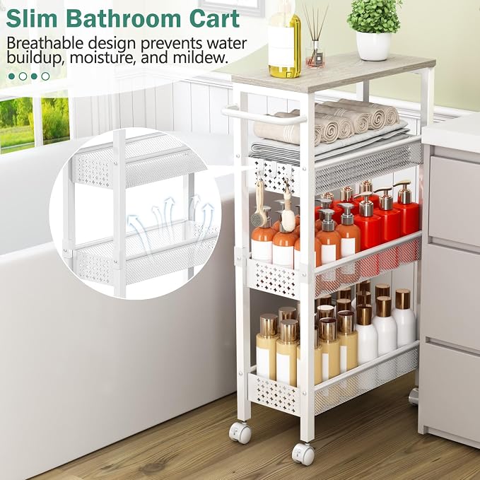 Vivihomety 4-Tier Slim Utility Rolling Laundry Cart with Wheels, Metal | Narrow 7.1" wide, Lockable wheels, wood top panel, metal frame, with handle, for laundry, bathroom, kitchen, white - Image 3