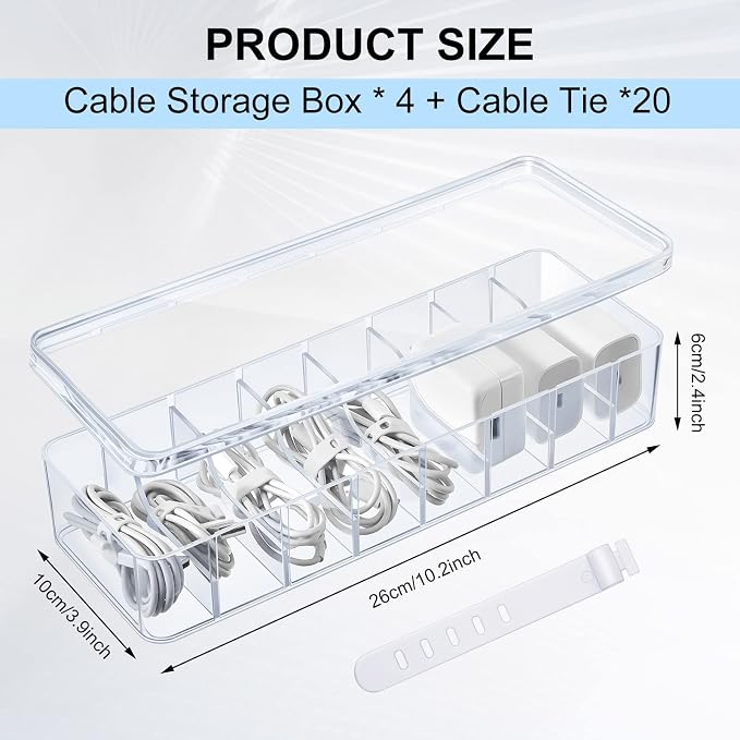 Tatuo 4 Pcs Cord Organizer for Drawer Desktop, Cable Organizer Box with 8 Compartments and Wire Ties, Plastic Charger Storage with Lid, Electronics Case for Home Office Accessories (Small,Clear) - Image 2