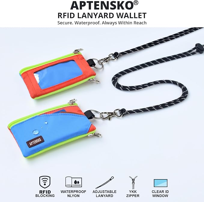 RFID Blocking Travel Wallet with Adjustable Lanyard, Small Nylon Zipper Pouch and Badge Holder for ID, Credit Cards, Cash, Keys, Commuters (SkyBlue+BlazingOrange) - Image 2