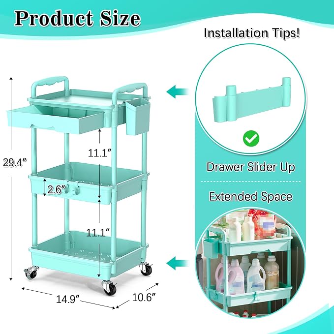 SUNALLY 3 Tier Rolling Cart with Drawer, Craft Storage Cart Organizer, Blue | Bathroom Storage Organizer with 2 Lockable Wheels, Rolling Utility Cart for Kitchen, Office, Baby, Makeup, Nail,Snack,Laundry - Image 2