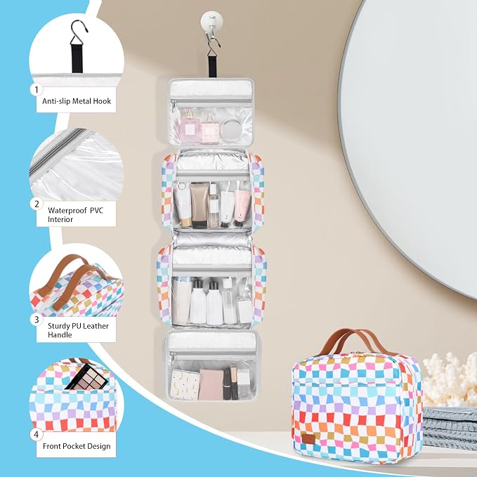 Hanging Travel Toiletry Bag,Large Capacity Cosmetic Travel Toiletry Organizer for Women with 4 Compartments & 1 Sturdy Hook,Perfect for Travel/Daily Use/Christmas - Image 5