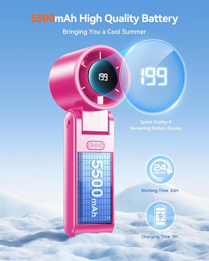 Portable Handheld Turbo Fan, 199 Gear Speed, 24 Hs Cooling Time, 5500mAh Rechargeable Mini Personal Hand Fan, Foldable Design, Travel Essentials, Beach Vacation, Gifts for Women, Men,HotPink - Image 3