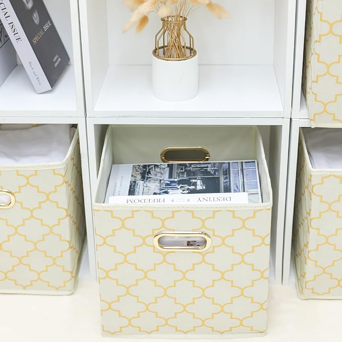 Fabric storage bins Cubes, Fabric Cube Organizer with Handle, Foldable Cube Bins for Cloth or Accessary Storage, 11x11x11, Set of 3, (Creamy-White Gold) - Image 4