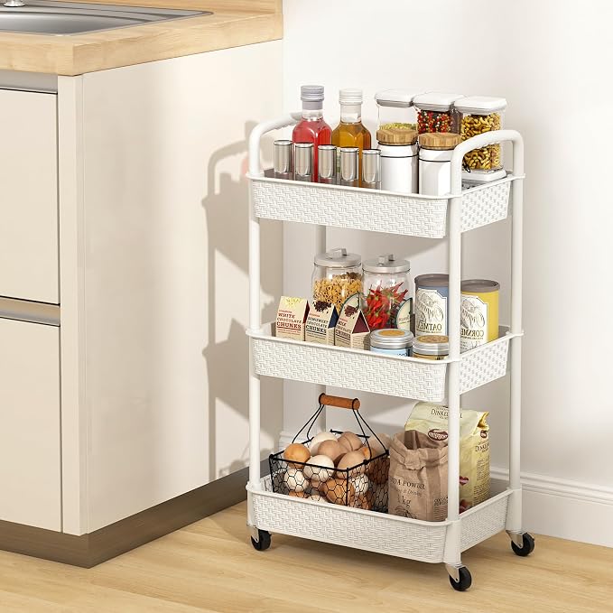 MOYIPIN 3-Tier Plastic Rolling Utility Cart with Handle,Utility Storage Cart for Office, Living Room, Kitchen,Movable Storage Organizer Shelves,White | Utility Storage Cart for Office, Living Room, Kitchen,Movable Storage Organizer，Easy installation，Ra... - Image 5