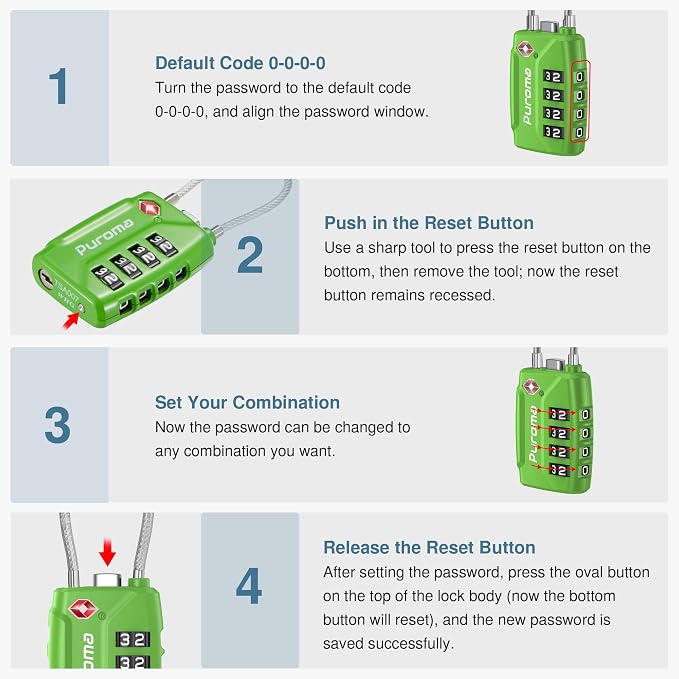 Puroma 2 TSA Approved Luggage Locks 4 Digit Code Cable Lock Basic Green | Resettable, Flexible Cable, Zipper holes, Zinc Alloy, Bright Color, Large White Numbers, Suitcase Train Travel, laptop bag - Image 6