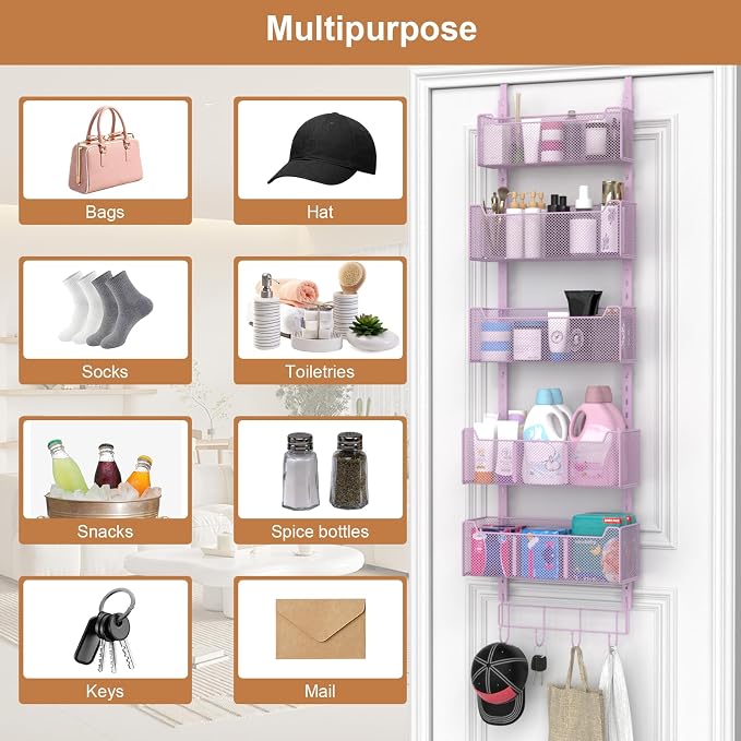 VyGrow Over The Door Organizer, Metal Door Organizer Hanging with 5 Adjustable Baskets and Coat Hook, Behind The Door Storage for Bedroom Closet Bathroom Pantry Cabinet Kitchen, Purple - Image 8