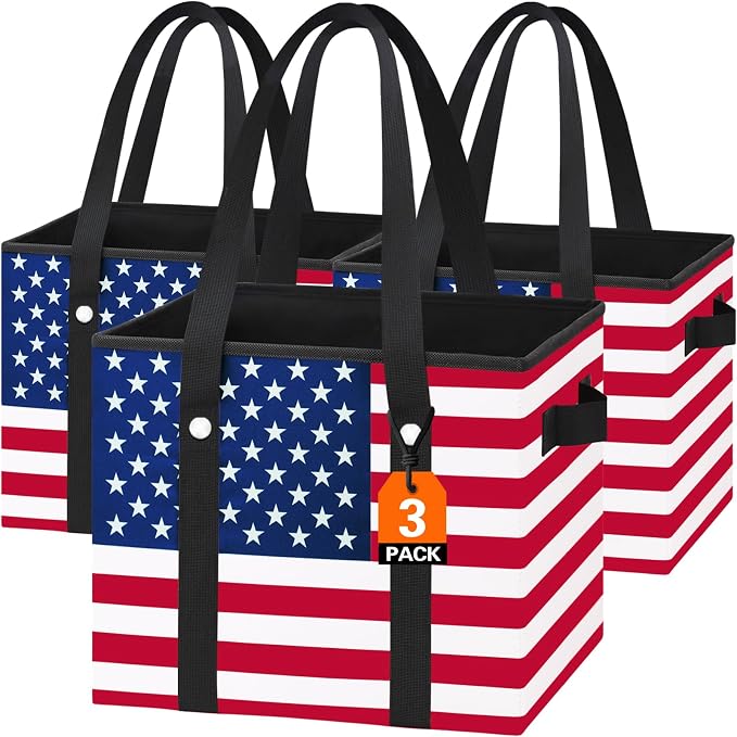 Patriotic Bags - Heavy Duty Reusable Grocery Bags with Hard Bottom & Long Handles, Foldable Reusable Shopping Bags with Box Shape to Stand Up, 3 Pack, Patriotic by DSDCDJ