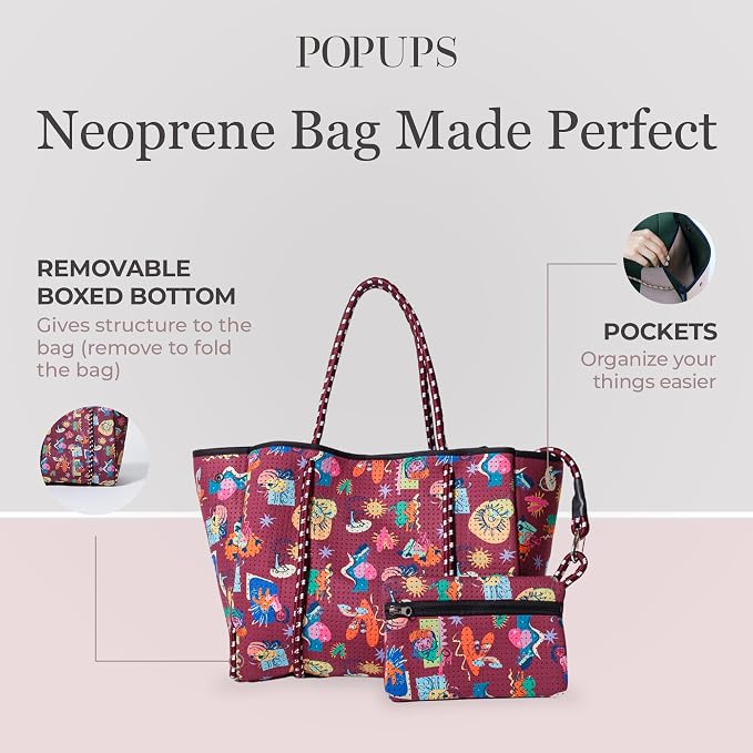 POPUPS Large Neoprene Tote Bag for Women - Everyday Designer Handbag for Travel Work and Beach with Pockets and Zipper Pouch - Image 7