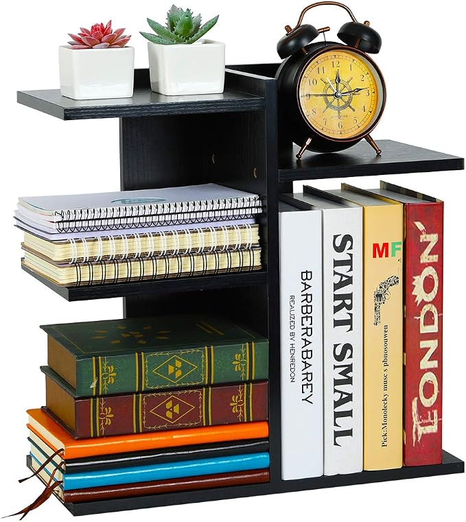 Wood Desktop Shelf Small Bookshelf Desk Supplies Organizers and Accessories Storage Display Rack Office Decor for Women, Black by PAG