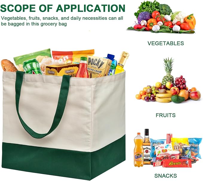 3 Pcs Reusable Grocery Bags - Heavy Duty Canvas Bag, 8.3 gal Foldable Large Canvas Tote Bag with Handles, Holds 60 lbs Tote Shopping Bags,100% Cotton（Retro Green） - Image 6