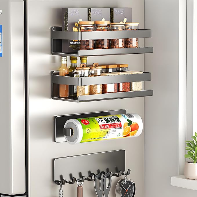 4 Pack Metal Magnetic Shelf, Small Kitchen Organization | Include Magnetic Spice Rack for Refrigerator,Magnetic Paper Towel Holder,Magnetic Hooks,Space-saving Storage rack - Image 6