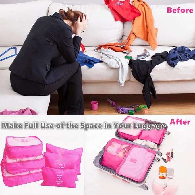 6 Set Packing Cubes Laundry Pouch, Travel Storage Bag Organizer Pouch, Luggage Packing Organizer Bags, Compression Bags for Backpack Suitcases (Hot Pink) - Image 4