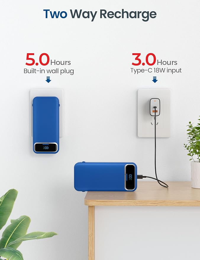 aonidi Portable Charger 12000mAh with Built-in Cables&AC Wall Plug, Navy | PD20W USB C Fast Charging,LED Display External Travel Power Bank,TSA approved Battery Pack for All iPhone,Samsung,Android - Image 7
