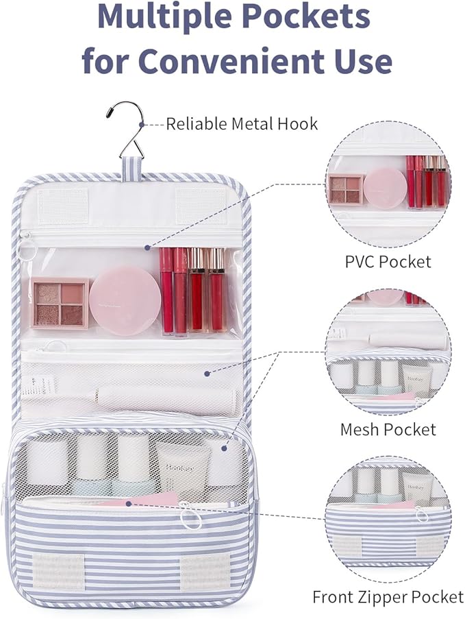 Narwey Small Hanging Toiletry Bag for Travel Women Girl, Striped Toiletries Travel Bag with Hook, Hanging Makeup Bag Organizer Make Up Cosmetic Bags, Gifts for Kids Teen (Greyish Blue Stripe) - Image 3