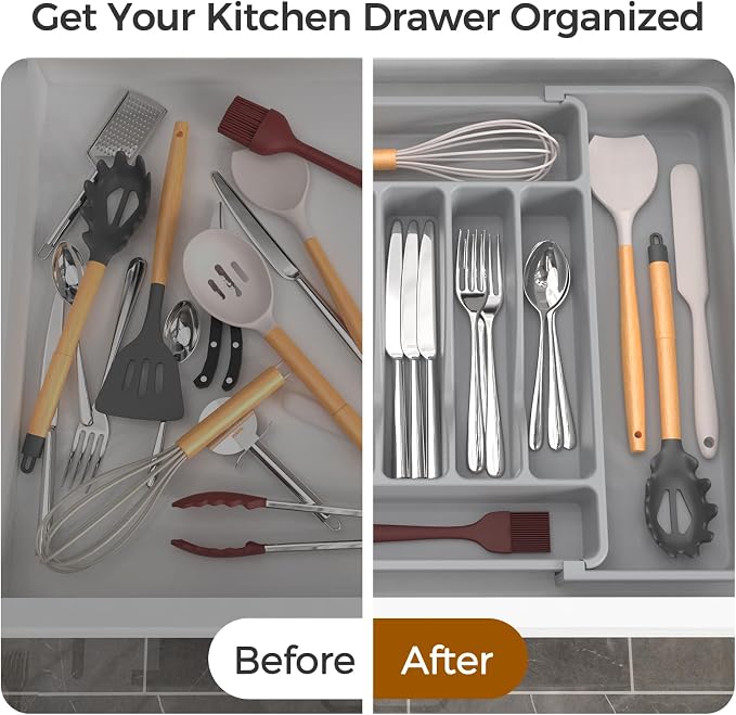ukeetap Extra Large Expandable Silverware Organizer, Flatware Tray,Gray | BPA-Free Food-Safe Kitchen Utensil Cutlery Drawer Organizer, Adjustable Silverware Holder for Spoons Forks Knives - Image 6