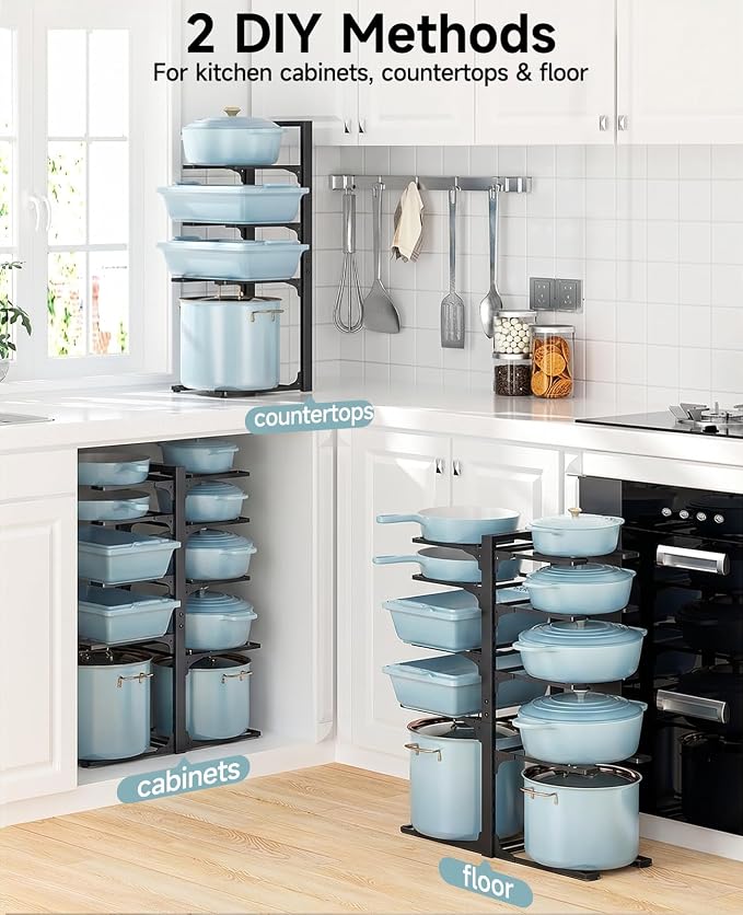 MUDEELA 10-Tier Pots and Pans Organizer Rack, 23.62" H for Cast-iron Pans | Adjustable heavy-duty pot rack, Holds big stockpots, cookware & skillets, Fits under cabinet on countertops, Kitchen storage - Image 5