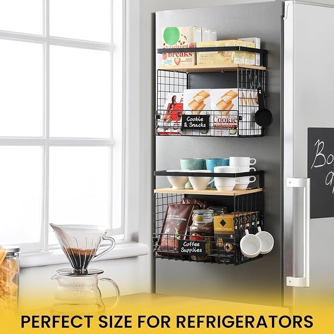 [WIDER SHELF] 1 SET Strong Magnetic Shelf Basket for Fridge with Tag & Bamboo Top, XXL Large Magnetic Spice Rack Shelves for Side of Refrigerator, Kitchen Pantry Storage Organizer for Food Fruit Veg - Image 6