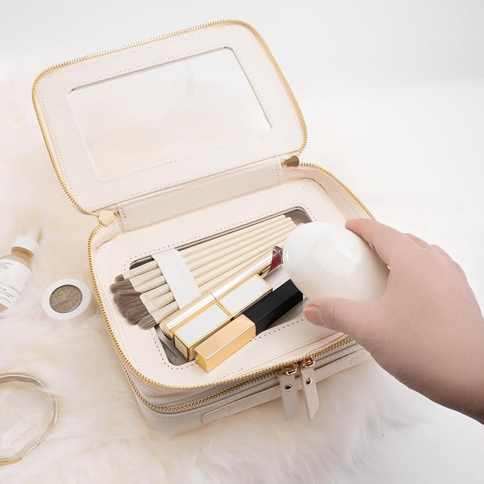 Aveniee Clear Makeup Bags, Double Layer Cosmetic Case with Separate Brush Compartment, Large Toiletry Organizer for Women, Travel Accessories Holder(2 Layers Large, White) - Image 3