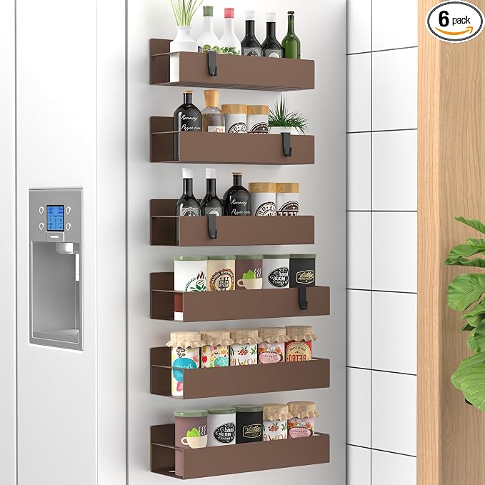 HuggieGems Metal Magnetic Spice Rack for Refrigerator Bronze, 6 Pack | Magnetic Shelves Heavy Duty for Fridge in Kitchen, Seasoning Storage Organizer, For Oven Washer and Dryer, For Heavier Items by HuggieGems