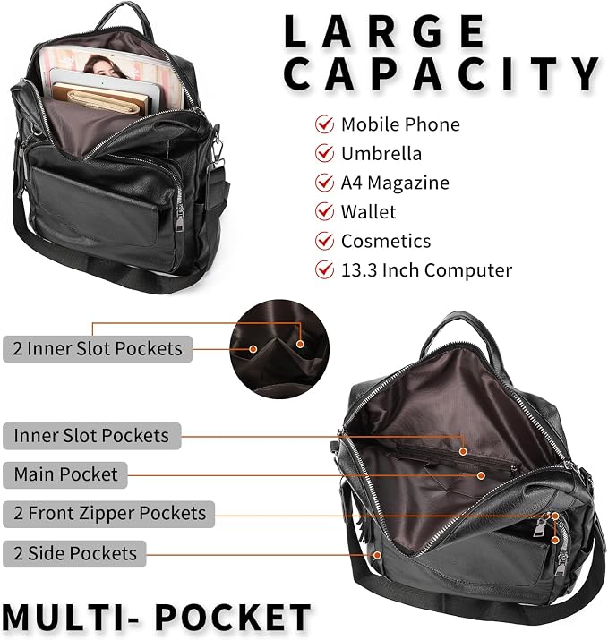 GAEKEAO Backpack Purse for Women PU Leather Anti-theft Backpack Ladies Convertible Large Travel Designer Fashion Shoulder Bag - Image 3