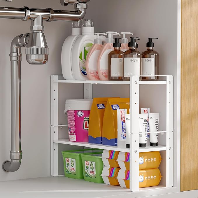 2 Pack Expandable Cabinet Organizer Shelves, 88lbs High Weight Capacity, Stackable Heavy-Duty Metal Storage Rack, Adjustable Cabinet Shelf for Kitchen, Pantry, Cupboard, Under Sink, White - Image 7