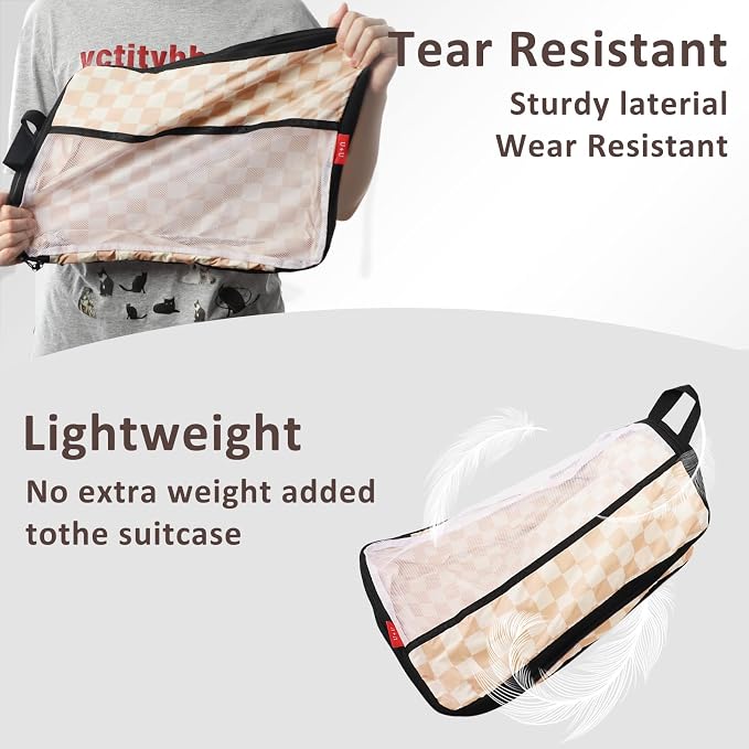 U+U 6 Set Compression Packing Cubes, Travel Organizers (Khaki Checkered) | Space-Saving & Drawstring Bag Included - Image 6