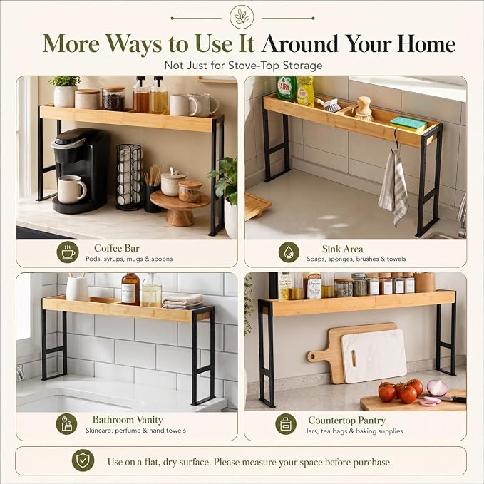 Spice Rack Shelf for Kitchen Stove, Bamboo Over the Stove Shelf with 4 Level Adjustable Height, 33 Inch Stove Top Spice Rack Organizer with 4 Hooks, Reinforced 30 lb Capacity, Non-Slip Pads, Black - Image 7