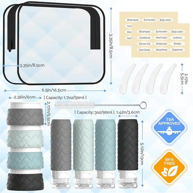 16 Pack Travel Bottles for Toiletries, TSA Approved Travel Size Toiletries Containers Set, BPA-Free Silicone Leak Proof Refillable Bottles Stackable Creams Jars Accessories Kit W/Clear Bag(Gray) - Image 2