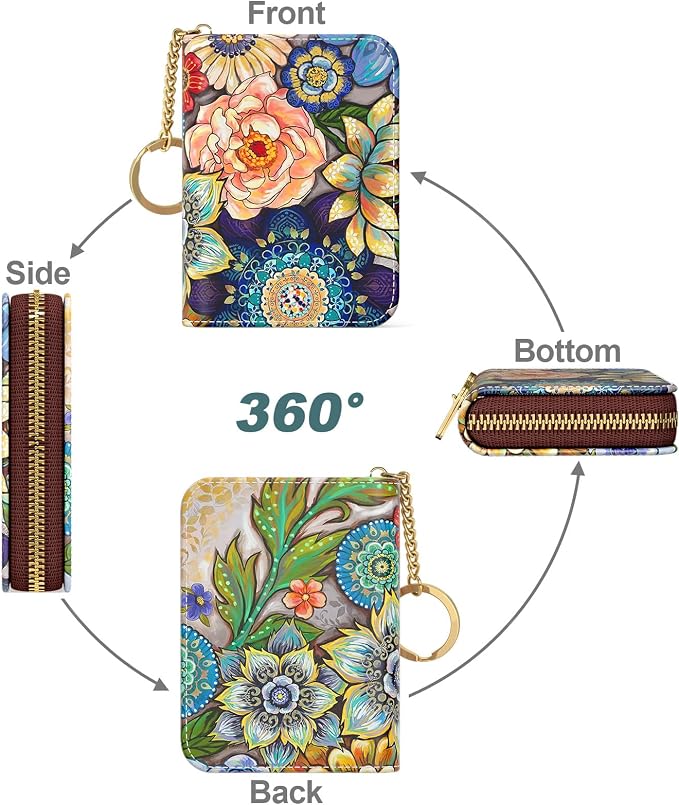 Nipichsha Women's RFID Blocking Small Leather Wallet, Mandala Flower, Slim and Compact Size, 12-Accordion Slots, Protects Privacy | Leather Card Holder Wallet, Credit Card Wallet Organizer, Business Card Case with Zipper & Keychain, 12-Slot Compartment - Image 2