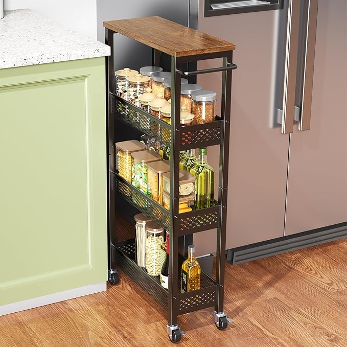 XYZLVSI Utility Slim Storage Cart, 4 Tier Kitchen Narrow Shelf on Wheels | 7.1" W skinny rolling cart with wooden top and metal handle, ideal for bathroom/dorm/office, between washer and dryer storage by XYZLVSI