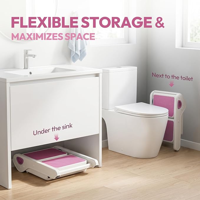 Foldable Toddler Step Stool for Bathroom Sink, Toilet, Bedroom, Kitchen – Non-Slip, Space-Saving, BPA-Free, Supports 110 lbs, Kids Step Stool (Pink) - Image 4