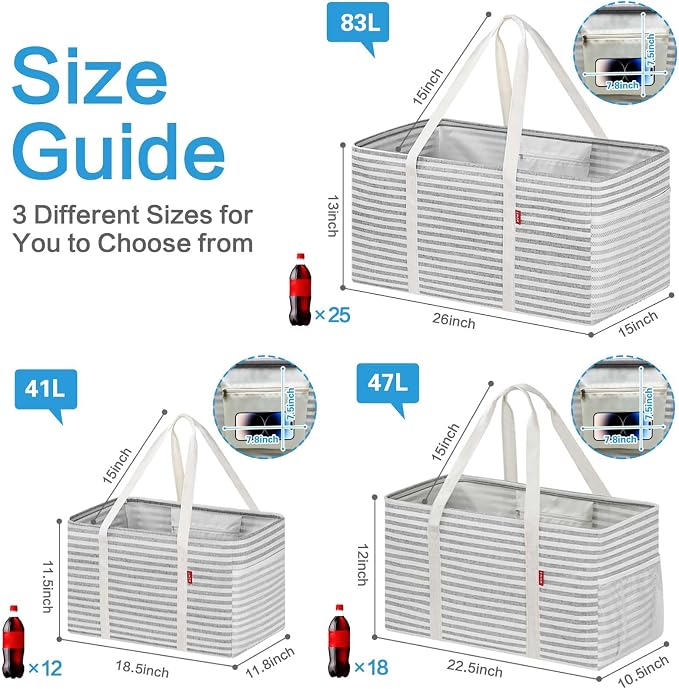 LHZK 2 Pack Utility Tote Bag with Metal Wire Frame and the Sides Rinforced, Large Tote Bag with Handle, Reusable Grocery Bags Foldable, Beach Bag, Car Tote (Gray, 18.5''x11.8''x11.5'') - Image 4