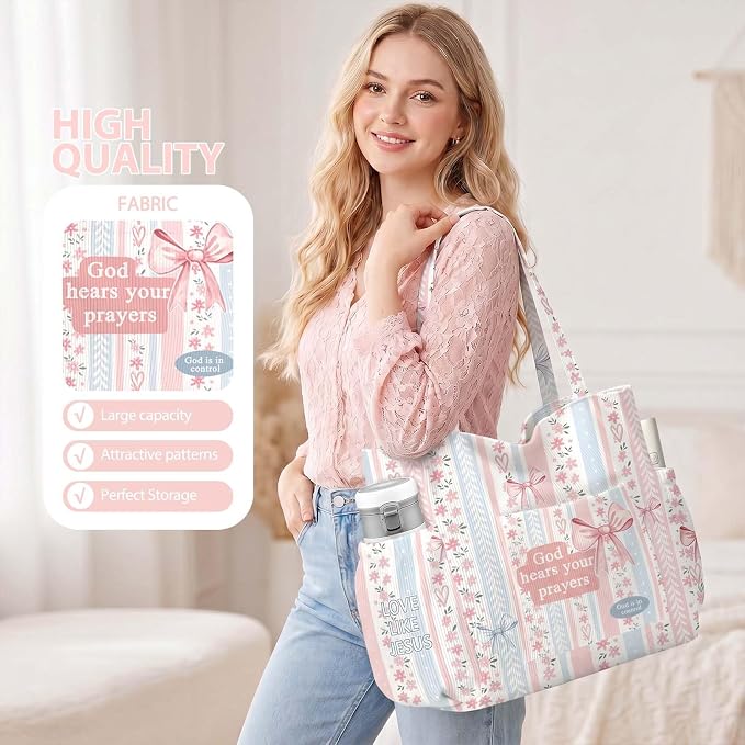Corduroy Tote Bag for Women,Large Capacity Cute Tote Bags With 6 Pockets,Crossbody Shoulder Handbag for Work Travel Gym - Image 4