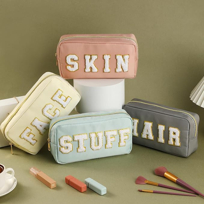 Preppy Makeup Bags Chenille Letter Stuff Bag Nylon Cosmetic Pouch Cases with Zipper for Women Travel Toiletry(Soft Color,Soft,4 Pcs) - Image 6