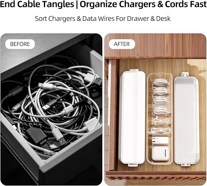 2 Pack Cable Organizer Box with Lid, Charge Cord Storage Organizer | Stackable Cable Storage Box, Fixed Dividers, No Cable Ties, Clear Dustproof Wire Management for Home Office Electronics - Image 2