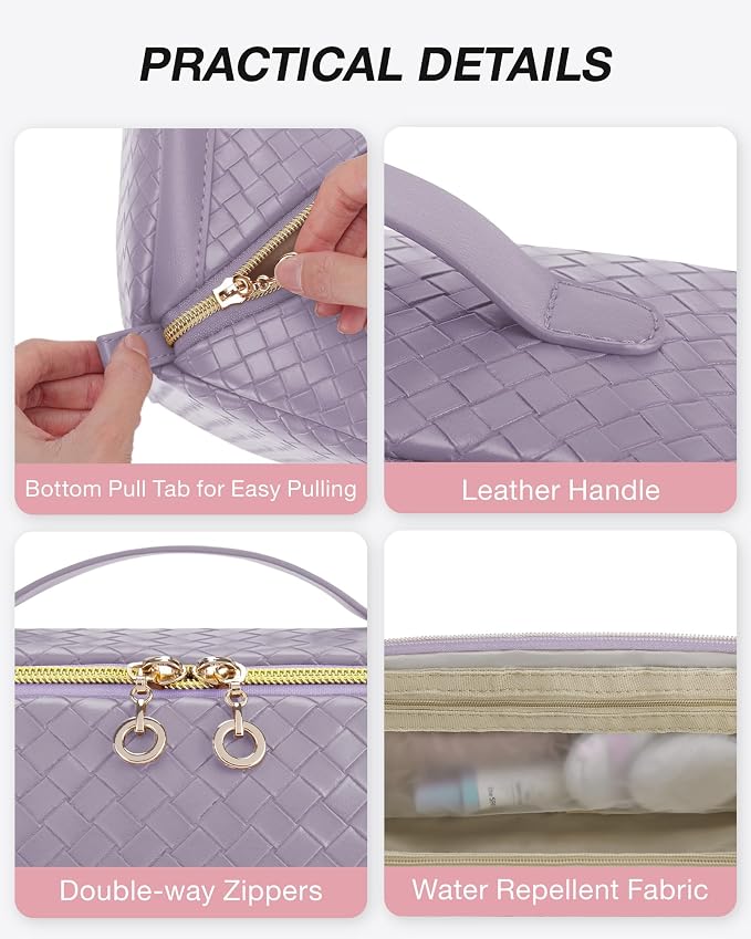 BAGSMART Makeup Bag, Travel Cosmetic Bag Organizer, PU Leather Water-Resistant Pouch, Open Flat Makeup Storage for Toiletries, Brushes, PU Leather Purple - Image 6