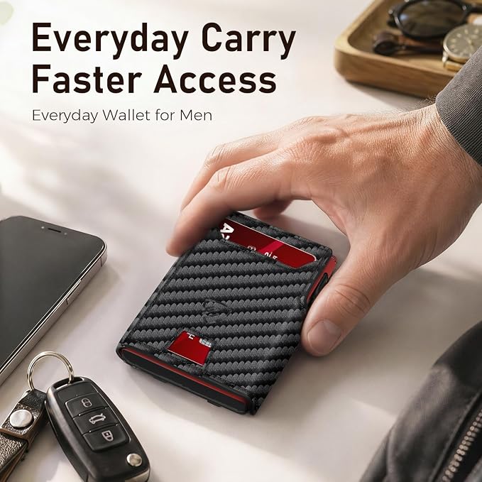 RUNBOX Wallet for Men, RFID Blocking Pop-Up Card Holder, Black+RED | Minimalist Aluminum Smart Wallet with ID Window, Compact Credit Card Holder, Stretchable Cash Slot, Birthday Gift for Men - Image 8