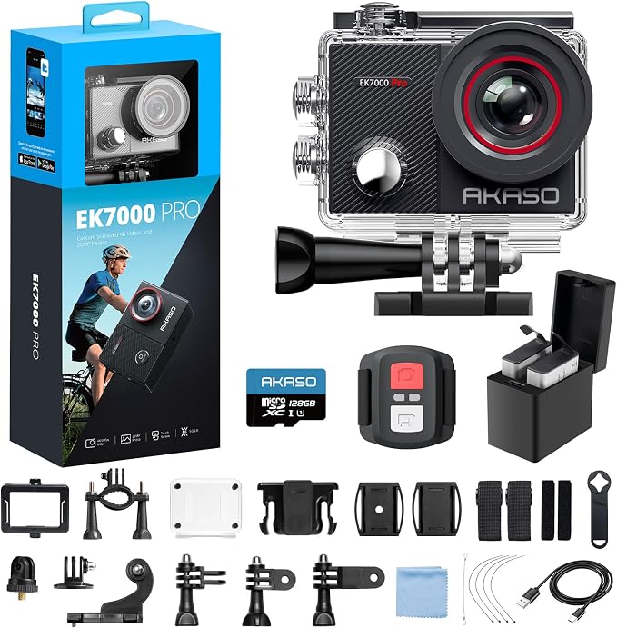 AKASO EK7000 Pro 4K30fps Action Camera with Touch Screen EIS 131ft Waterproof Underwater Camera Remote Control 5X Zoom with Helmet Accessories Kit (with 128GB MicroSD Card) by AKASO