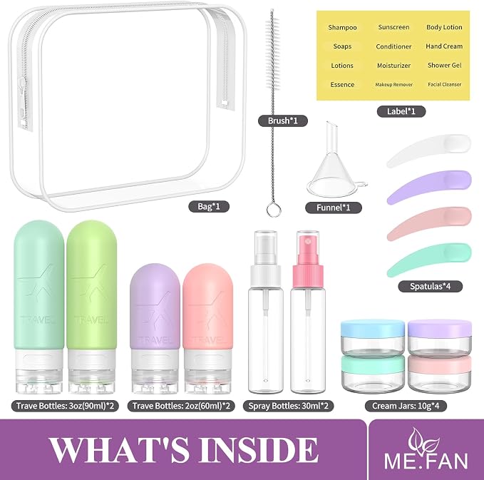 ME.FAN 18 Pack Travel Bottles for Toiletries, TSA Approved, Bright | Travel Size Containers Set, Silicone Squeezable Portable Split Bottle, Travel Accessories for Conditioner, Shampoo, Lotion - Image 2