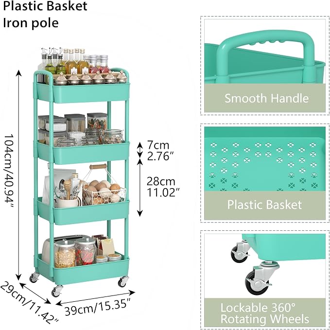 Sywhitta 4-Tier Plastic Rolling Utility Cart with Wheels for Storage,Green | Multi-Functional Storage Trolley, for Office, Living Room, Kitchen, Bathroom,Movable Organizer,Space-Saving,Easy to assemble - Image 2