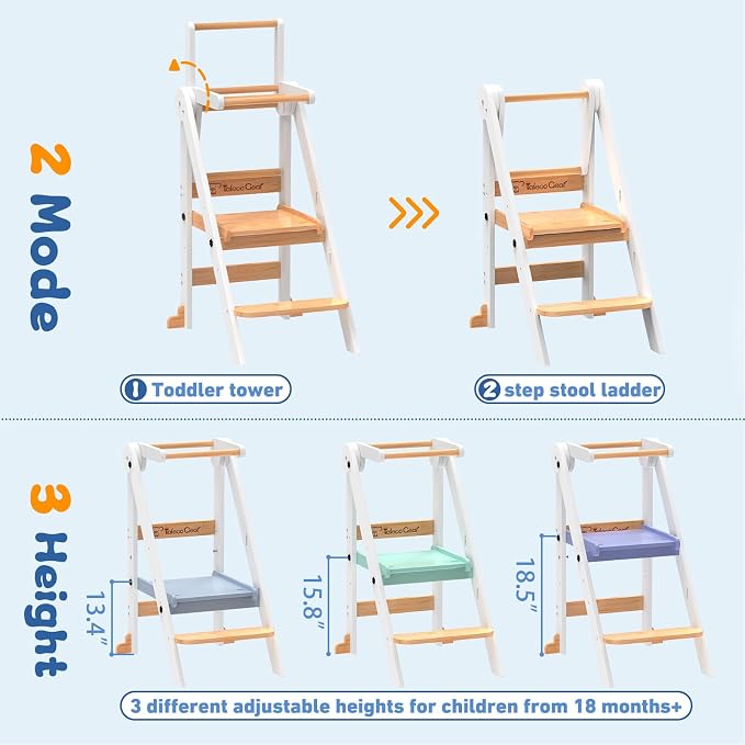 Foldable Toddler Tower, 3 Adjustable Height, Toddler Kitchen Stool Helper | Wooden Standing Tower with Safety Net ,Safety Feet,for Kitchen, Bathroom, Study Room,Offer Customer Service - Image 6
