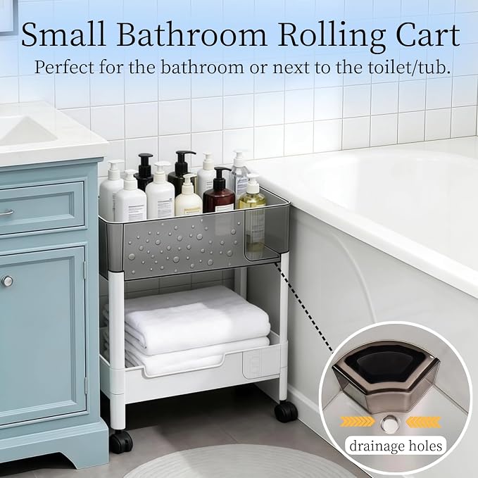 2 Tier Rolling Cart with Wheels for Under Desk Storage, Heavy Duty Plastic Short Small Utility Cart for Small Space Bathroom Vanity Makeup Organizer Pantry, 4.7'' Deep Baskets for Tall Bottles - Image 2