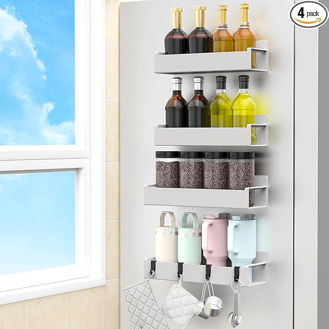 HuggieGems 4 Pack Magnetic Spice Rack Organizer for Refrigerator and Oven, Light Grey Fridge Organizers and Storage for Kitchen by HuggieGems