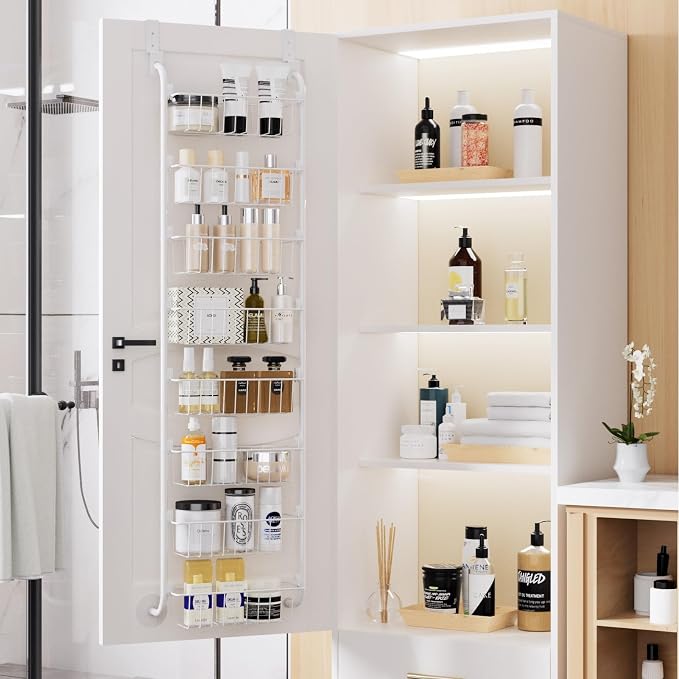 Delamu Narrow Over The Door Pantry Organizer, 8-Tier Metal Pantry Door Organization and Storage for Easy Install, Hanging Spice Rack Shelves, Door Organizer for Kitchen, 4.65"D x 13"W x 65"H, White - Image 8
