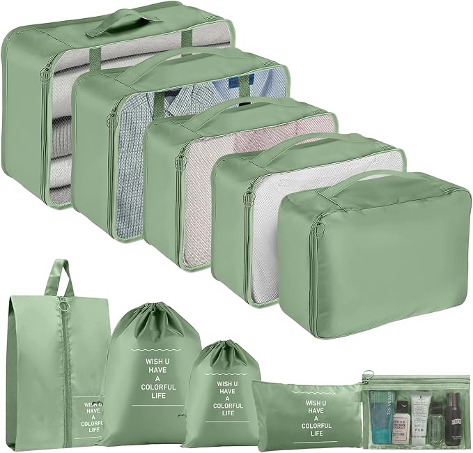 Packing Cubes for Travel- 8 Set Luggage Organizer Bags for Family, Mesh Breathable Travel Packing Cubes for Suitcases Durable Travel Essentials Bags Set (Matcha Green, 10 Set) by YEEYAA