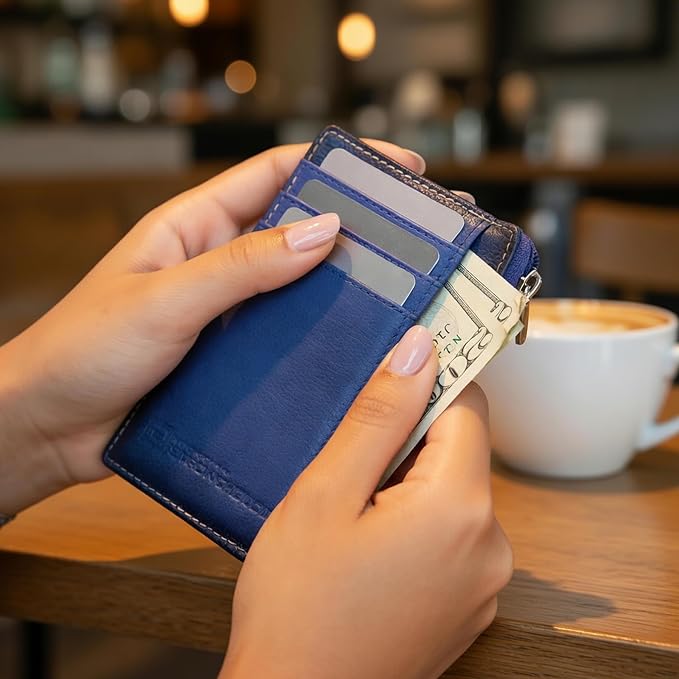 ID STRONGHOLD RFID Front Pocket Wallet Mini Minimalist Wallet Slim Wallet Genuine Leather with Zipper , Royal Blue , Small - Image 7