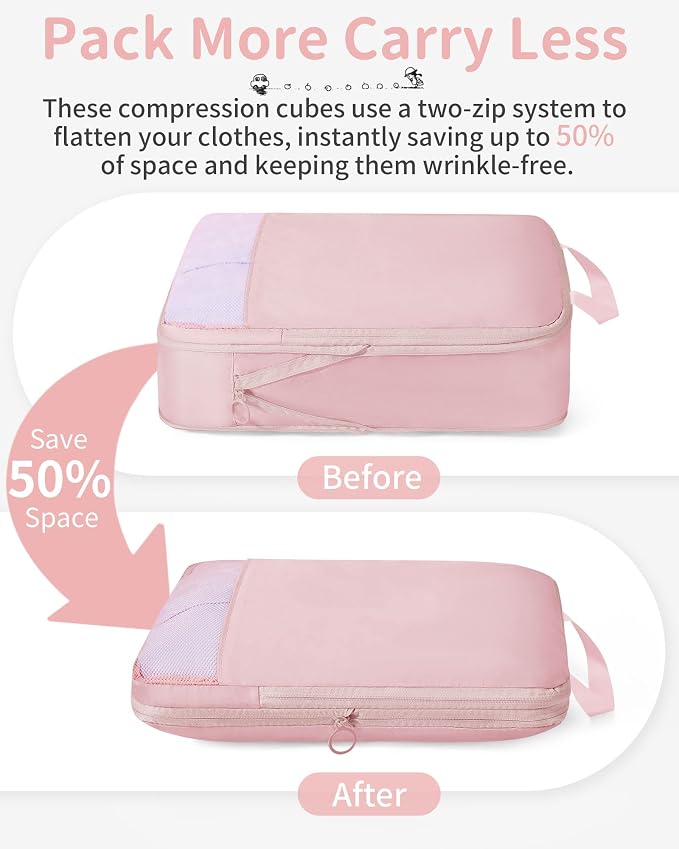 11-Piece Expandable Compression Packing Cubes, Travel Luggage Organizers Set for Suitcase, Lightweight Fabric Packing Bags for Travel Essentials Pink - Image 3