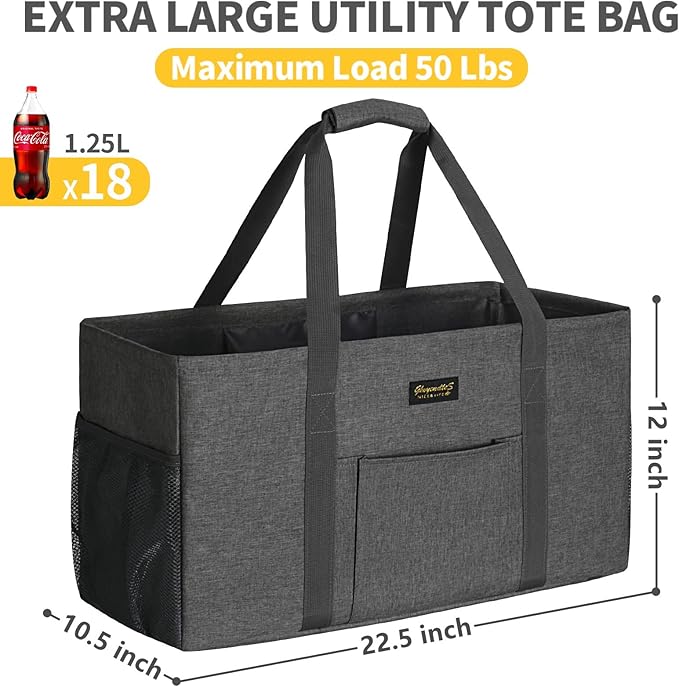 GhvyenntteS Extra Large Utility Tote Bag 2 Pack - Stand Up Utility Tote with Metal Wire Frame & Hard Bottom Board, Reusable Grocery Bags With Handles for Storage, Picnics, Beach, Laundry, Car, Camping - Image 3